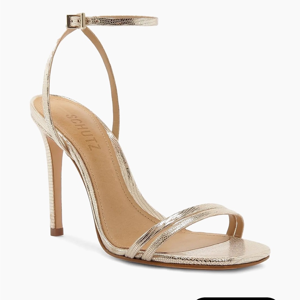 SCHUTZ Altina Metallic Gold Strappy Ankle‑Strap Sandals